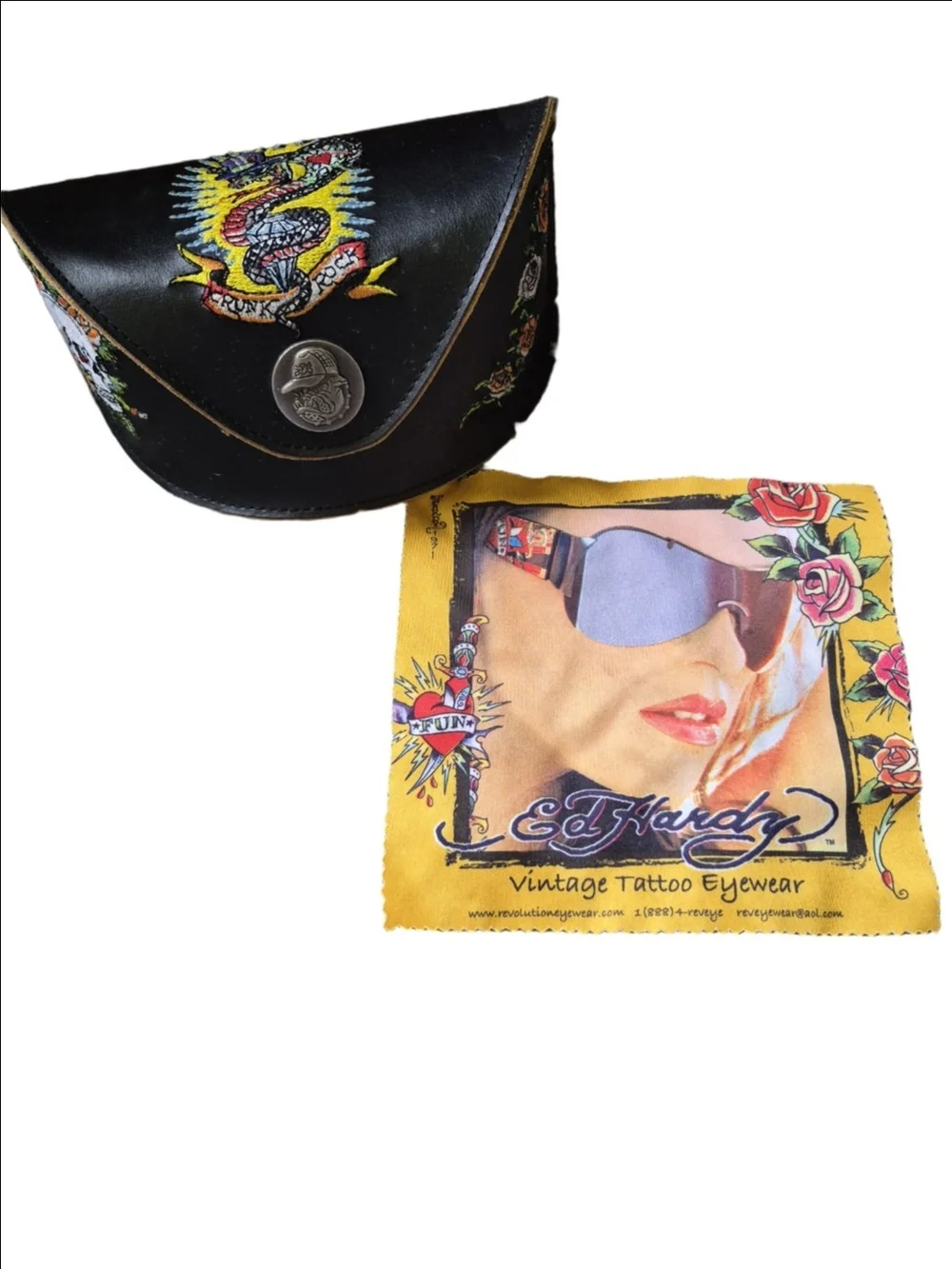 Ed Hardy Black Leather Sunglasses Pouch with Yellow Tattoo-Print Cleaning Cloth